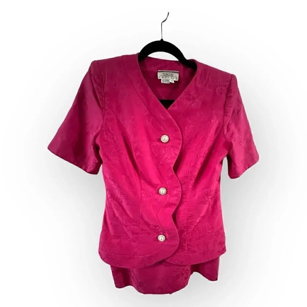 Talbots Petites 2 piece career suit set in hot pink short sleeve suit jacket & s